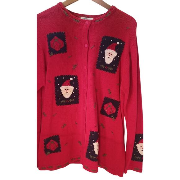 VTG Quacker Factory Christmas Cardigan Red Santa Embroidered Sweater Large - Picture 3 of 6